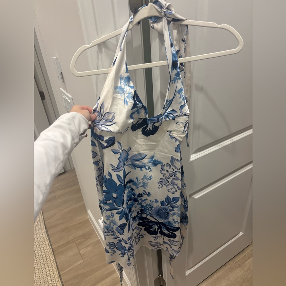 Peppermayo White and Blue Floral Heavy Hearted Mini Dress